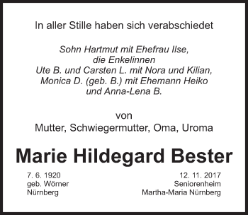 Traueranzeige von Marie Hildegard Bester von Gesamtausgabe Nürnberger Nachrichten/ Nürnberger Ztg.