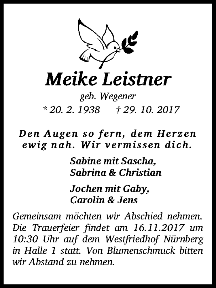  Traueranzeige für Meike Leistner vom 13.11.2017 aus Gesamtausgabe Nürnberger Nachrichten/ Nürnberger Ztg.