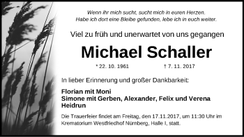 Traueranzeige von Michael Schaller von Gesamtausgabe Nürnberger Nachrichten/ Nürnberger Ztg.