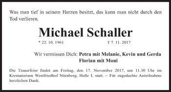 Traueranzeige von Michael Schaller von Fürther Nachrichten Lokal