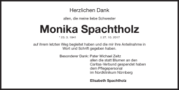 Traueranzeige von Monika Spachtholz von Gesamtausgabe Nürnberger Nachrichten/ Nürnberger Ztg.