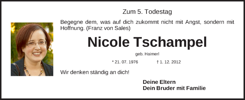  Traueranzeige für Nicole Tschampel vom 01.12.2017 aus Fürther Nachrichten Lokal