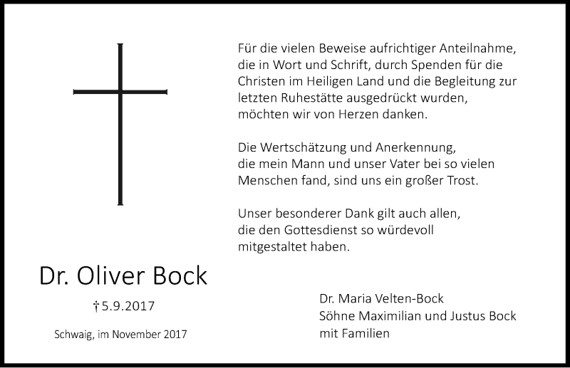  Traueranzeige für Oliver Bock vom 04.11.2017 aus Gesamtausgabe Nürnberger Nachrichten/ Nürnberger Ztg.