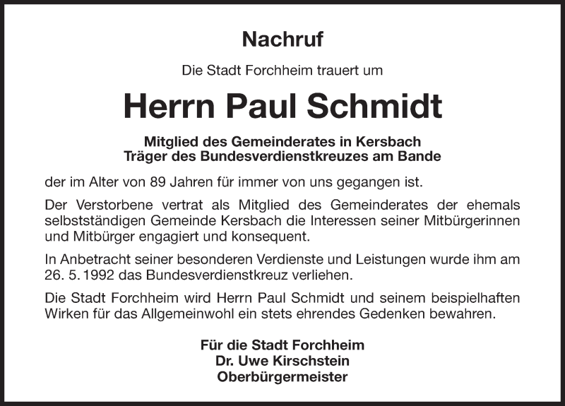  Traueranzeige für Paul Schmidt vom 25.11.2017 aus Nordbayerische Nachrichten Forchheim Lokal