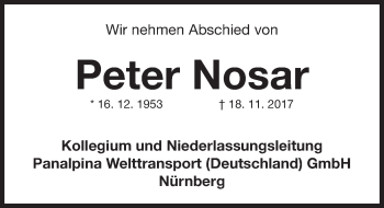Traueranzeige von Peter Nosar von Gesamtausgabe Nürnberger Nachrichten/ Nürnberger Ztg.