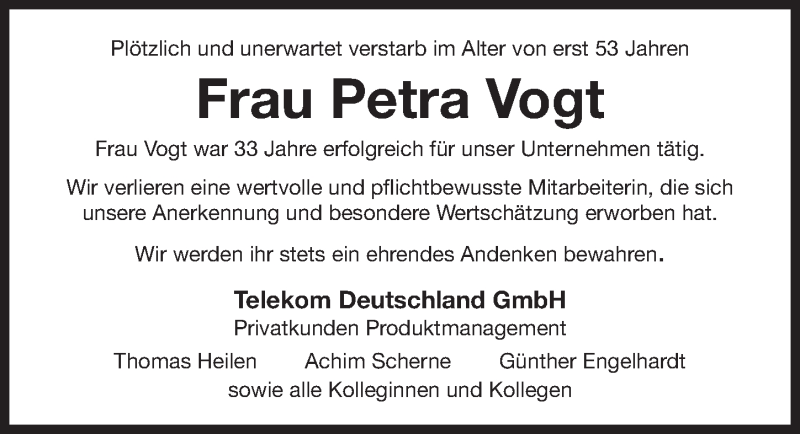  Traueranzeige für Petra Vogt vom 18.11.2017 aus Gesamtausgabe Nürnberger Nachrichten/ Nürnberger Ztg.