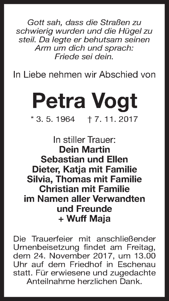  Traueranzeige für Petra Vogt vom 18.11.2017 aus Gesamtausgabe Nürnberger Nachrichten/ Nürnberger Ztg.