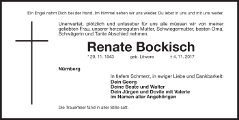 Traueranzeige von Renate Bockisch von Gesamtausgabe Nürnberger Nachrichten/ Nürnberger Ztg.
