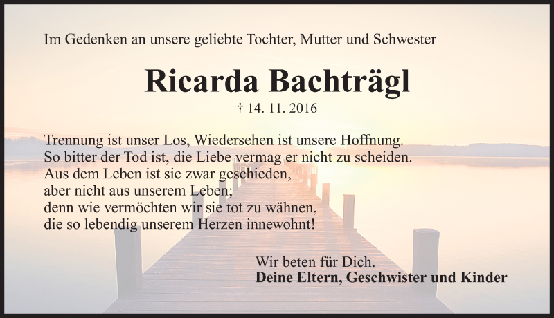  Traueranzeige für Ricarda Bachträgl vom 14.11.2017 aus Erlanger Nachrichten Lokal