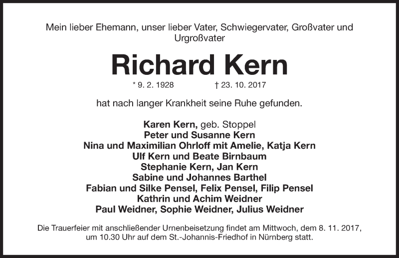  Traueranzeige für Richard Kern vom 04.11.2017 aus Gesamtausgabe Nürnberger Nachrichten/ Nürnberger Ztg.