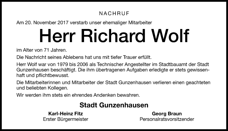  Traueranzeige für Richard Wolf vom 24.11.2017 aus Altmühl-Bote Lokal