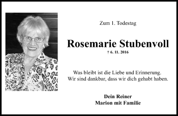 Traueranzeige von Rosemarie Stubenvoll von Gesamtausgabe Nürnberger Nachrichten/ Nürnberger Ztg.
