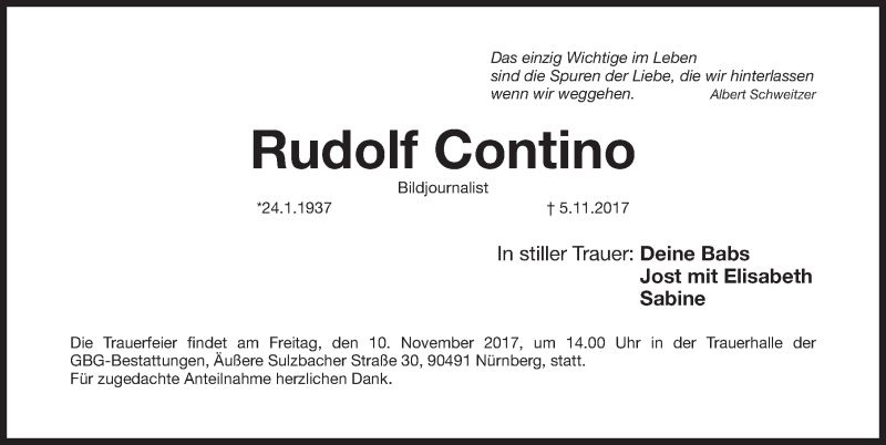  Traueranzeige für Rudolf Contino vom 08.11.2017 aus Gesamtausgabe Nürnberger Nachrichten/ Nürnberger Ztg.