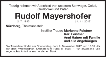 Traueranzeige von Rudolf Mayershofer von Gesamtausgabe Nürnberger Nachrichten/ Nürnberger Ztg.