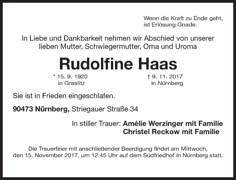  Traueranzeige für Rudolfine Haas vom 11.11.2017 aus Gesamtausgabe Nürnberger Nachrichten/ Nürnberger Ztg.