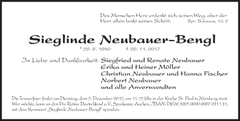 Traueranzeige von Sieglinde Neubauer-Bengl von Gesamtausgabe Nürnberger Nachrichten/ Nürnberger Ztg.
