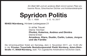 Traueranzeige von Spyridon Politis von Gesamtausgabe Nürnberger Nachrichten/ Nürnberger Ztg.