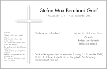 Traueranzeige von Stefan Max Bernhard Grief von Gesamtausgabe Nürnberger Nachrichten/ Nürnberger Ztg.