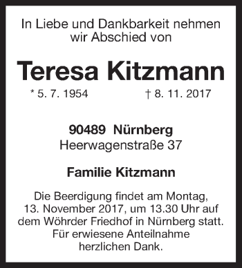 Traueranzeige von Teresa Kitzmann von Gesamtausgabe Nürnberger Nachrichten/ Nürnberger Ztg.
