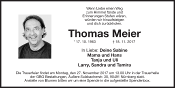 Traueranzeige von Thomas Meier von Gesamtausgabe Nürnberger Nachrichten/ Nürnberger Ztg.