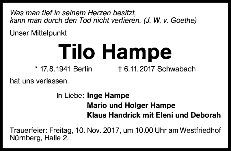  Traueranzeige für Tilo Hampe vom 08.11.2017 aus Schwabach