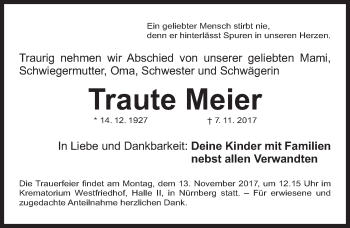 Traueranzeige von Traute Meier von Gesamtausgabe Nürnberger Nachrichten/ Nürnberger Ztg.