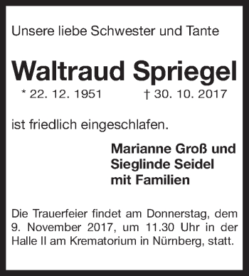 Traueranzeige von Waltraud Spriegel von Gesamtausgabe Nürnberger Nachrichten/ Nürnberger Ztg.