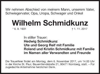 Traueranzeige von Wilhelm Schmidkunz von Gesamtausgabe Nürnberger Nachrichten/ Nürnberger Ztg.
