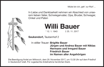 Traueranzeige von Willi Bauer von Fürther Nachrichten Lokal