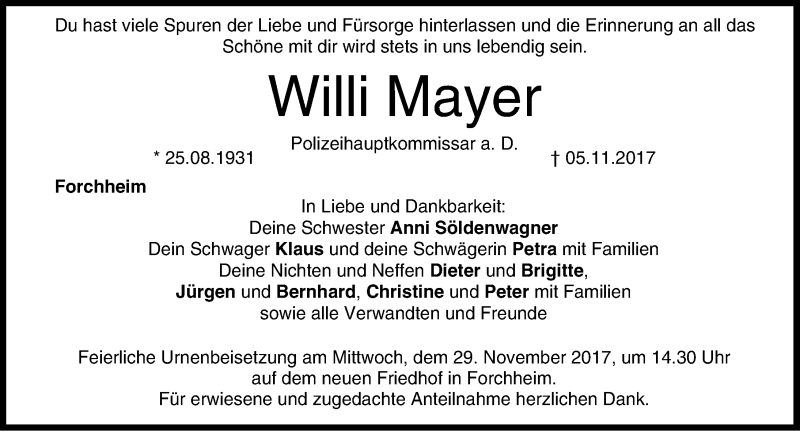  Traueranzeige für Willi Mayer vom 25.11.2017 aus Nordbayerische Nachrichten Forchheim Lokal