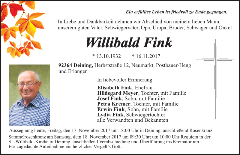  Traueranzeige für Willibald Fink vom 17.11.2017 aus Neumarkter Nachrichten Lokal
