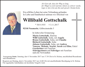 Traueranzeige von Willibald Gottschalk von Neumarkter Nachrichten Lokal