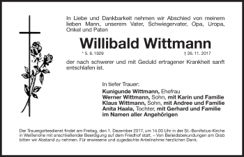 Traueranzeige von Willibald Wittmann von Nordbayerische Nachrichten Forchheim Lokal