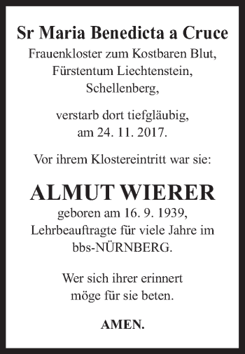 Traueranzeige von Almut Wierer von Gesamtausgabe Nürnberger Nachrichten/ Nürnberger Ztg.