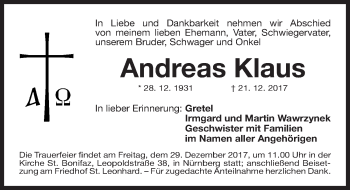 Traueranzeige von Andreas Klaus von Gesamtausgabe Nürnberger Nachrichten/ Nürnberger Ztg.
