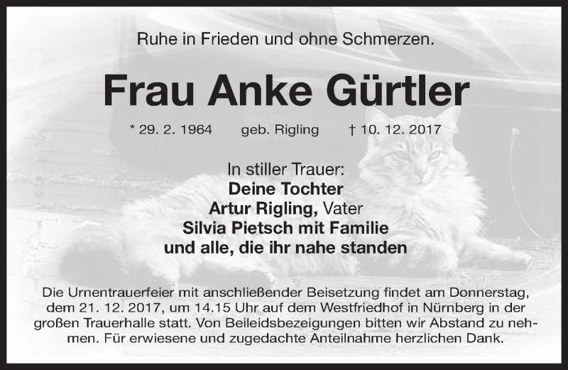  Traueranzeige für Anke Gürtler vom 16.12.2017 aus Fürther Nachrichten Lokal