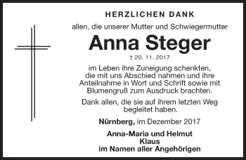 Traueranzeige von Anna Steger von Gesamtausgabe Nürnberger Nachrichten/ Nürnberger Ztg.