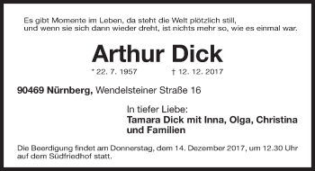 Traueranzeige von Arthur Dick von Gesamtausgabe Nürnberger Nachrichten/ Nürnberger Ztg.