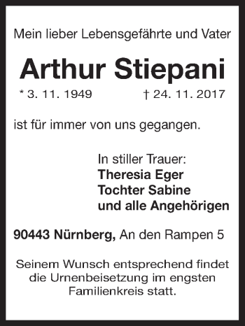Traueranzeige von Arthur Stiepani von Gesamtausgabe Nürnberger Nachrichten/ Nürnberger Ztg.