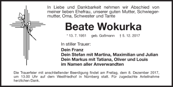 Traueranzeige von Beate Wokurka von Gesamtausgabe Nürnberger Nachrichten/ Nürnberger Ztg.
