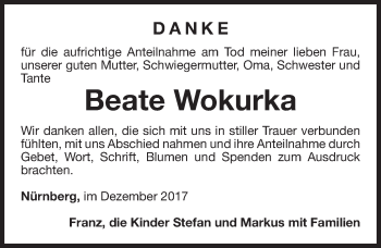 Traueranzeige von Beate Wokurka von Gesamtausgabe Nürnberger Nachrichten/ Nürnberger Ztg.