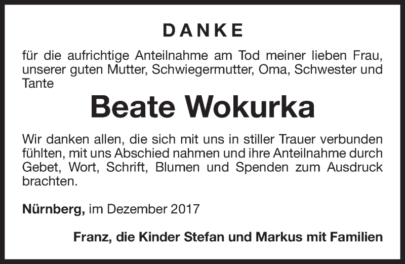  Traueranzeige für Beate Wokurka vom 20.12.2017 aus Gesamtausgabe Nürnberger Nachrichten/ Nürnberger Ztg.