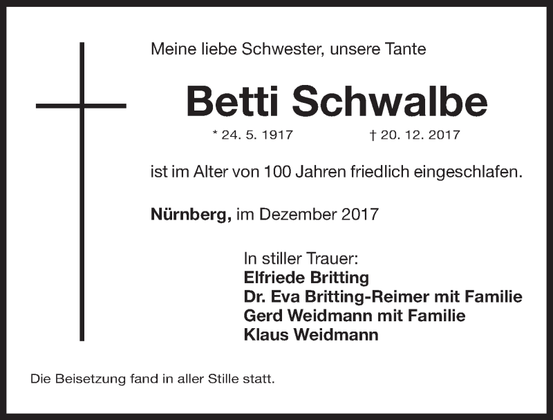  Traueranzeige für Betti Schwalbe vom 30.12.2017 aus Gesamtausgabe Nürnberger Nachrichten/ Nürnberger Ztg.