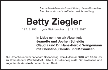 Traueranzeige von Betty Ziegler von Gesamtausgabe Nürnberger Nachrichten/ Nürnberger Ztg.