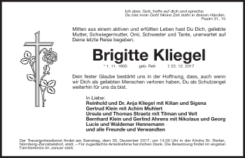 Traueranzeige von Brigitte Kliegel von Gesamtausgabe Nürnberger Nachrichten/ Nürnberger Ztg.