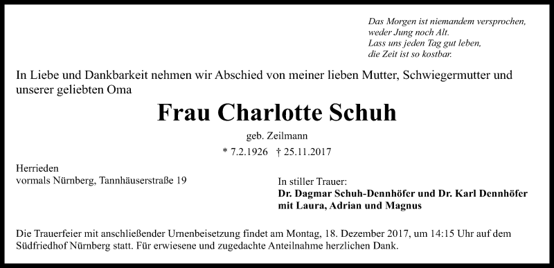  Traueranzeige für Charlotte Schuh vom 16.12.2017 aus Gesamtausgabe Nürnberger Nachrichten/ Nürnberger Ztg.