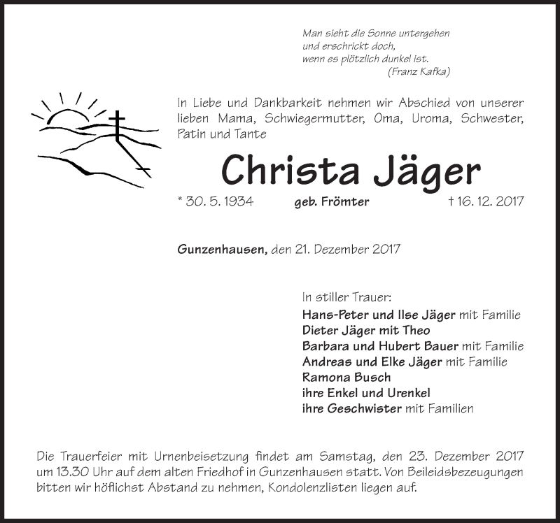  Traueranzeige für Christa Jäger vom 21.12.2017 aus Altmühl-Bote Lokal