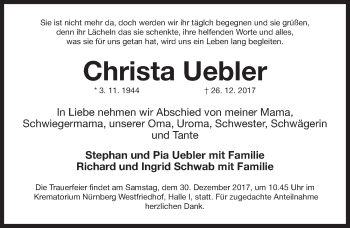 Traueranzeige von Christa Uebler von Gesamtausgabe Nürnberger Nachrichten/ Nürnberger Ztg.