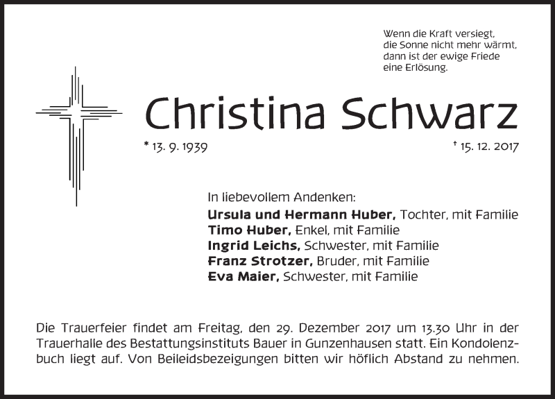  Traueranzeige für Christina Schwarz vom 27.12.2017 aus Altmühl-Bote Lokal