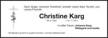 Traueranzeige von Christine Karg von Gesamtausgabe Nürnberger Nachrichten/ Nürnberger Ztg.